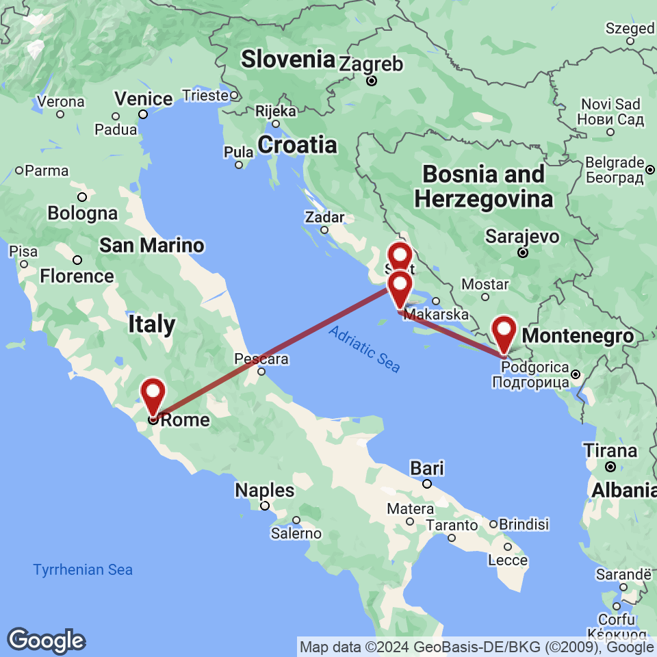 Route for Rome, Split, Hvar, Dubrovnik tour